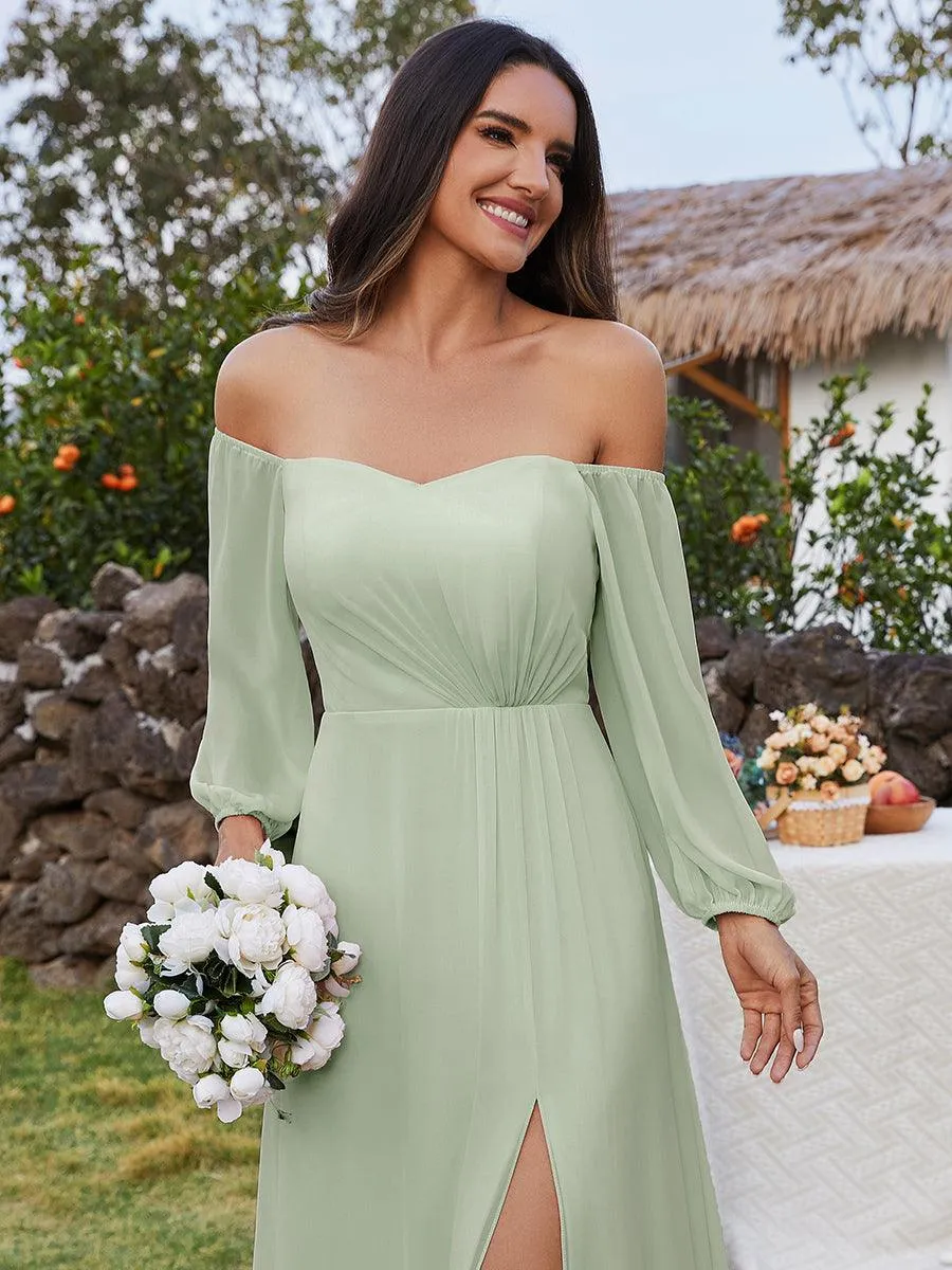 Robes de demoiselle d'honneur à manches longues en mousseline à épaules dénudées