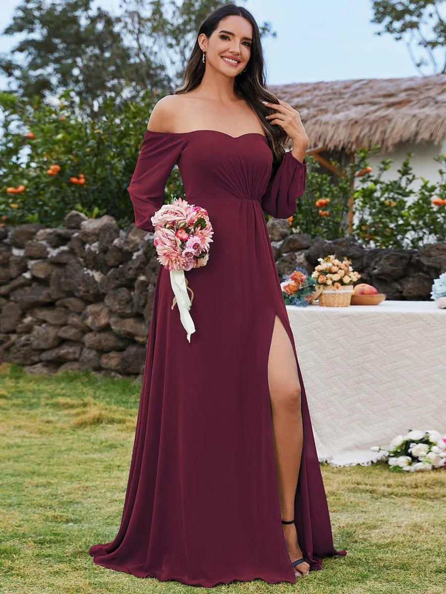 Robes de demoiselle d'honneur à manches longues en mousseline à épaules dénudées