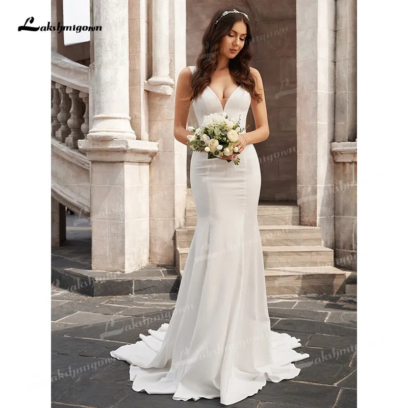 Roycebridal Sexy Elegant Mermaid Wedding Dresses Soft Satin Sleeveless Deep Scoop Court Train Floor-Length vestidos de novia