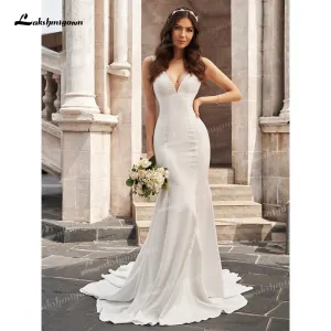 Roycebridal Sexy Elegant Mermaid Wedding Dresses Soft Satin Sleeveless Deep Scoop Court Train Floor-Length vestidos de novia