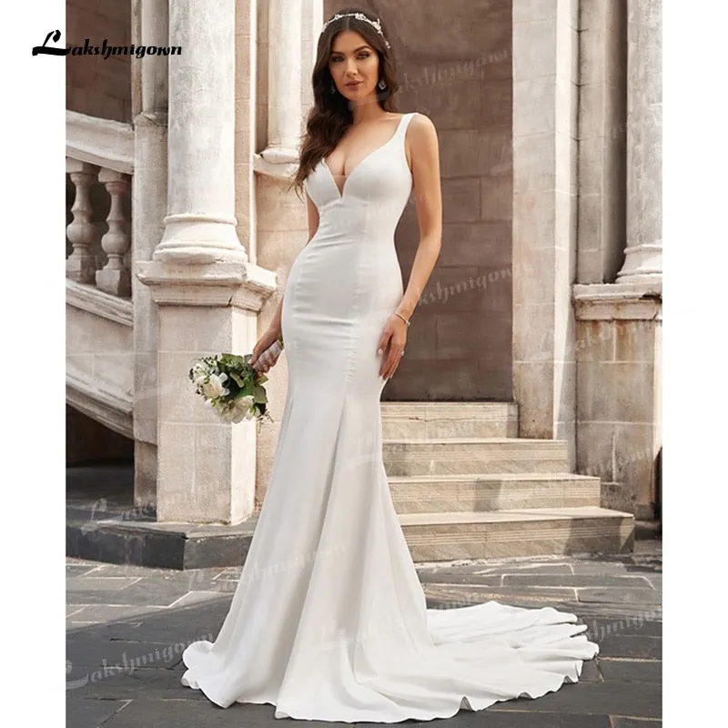 Roycebridal Sexy Elegant Mermaid Wedding Dresses Soft Satin Sleeveless Deep Scoop Court Train Floor-Length vestidos de novia