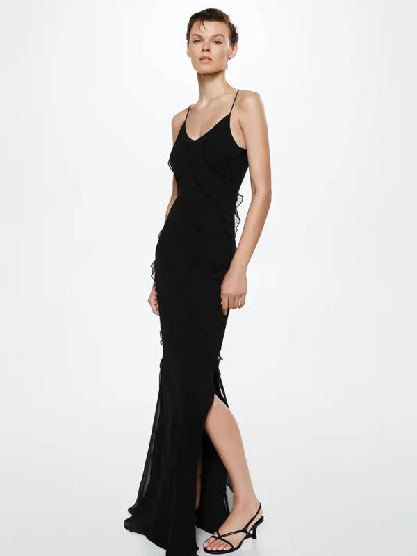 Ruffled Maxi Dress with Spaghetti Straps and V-Neckline