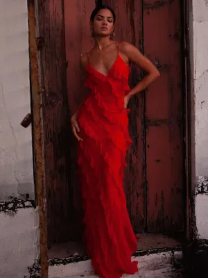Ruffled Maxi Dress with Spaghetti Straps and V-Neckline