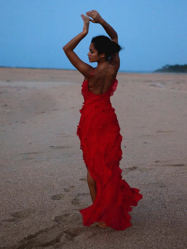 Ruffled Maxi Dress with Spaghetti Straps and V-Neckline