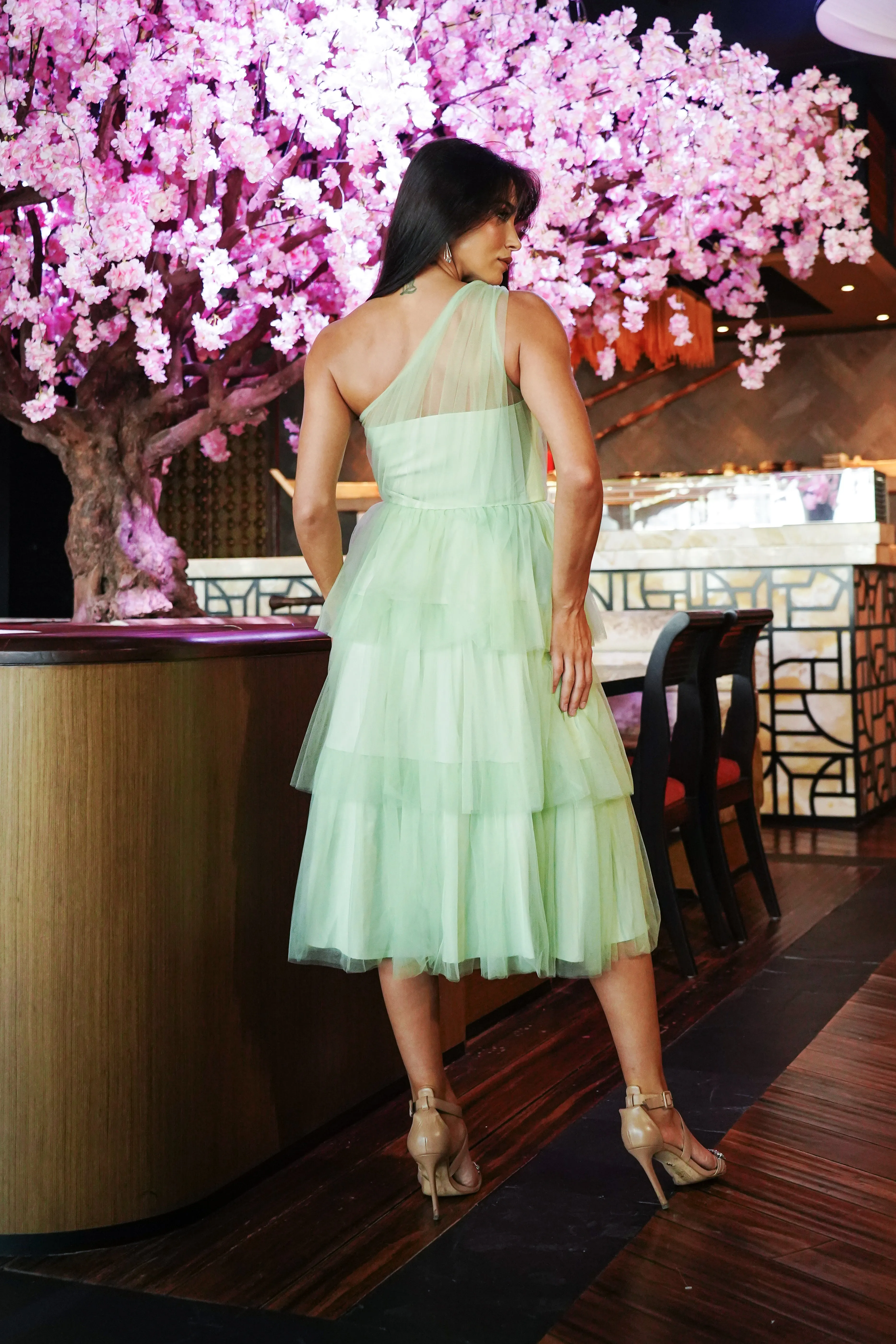 Sage Green One Shoulder Tulle Midi Dress