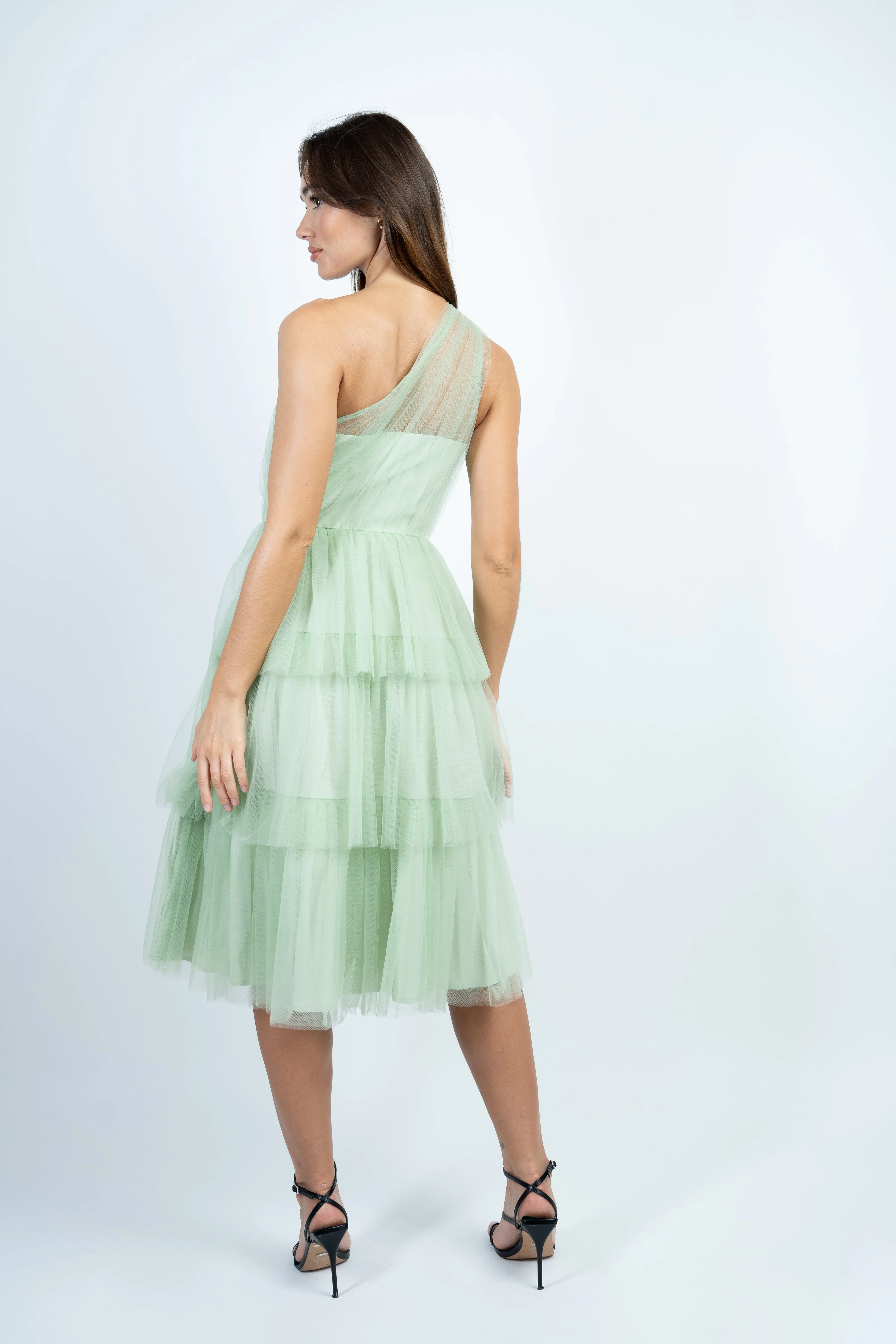 Sage Green One Shoulder Tulle Midi Dress