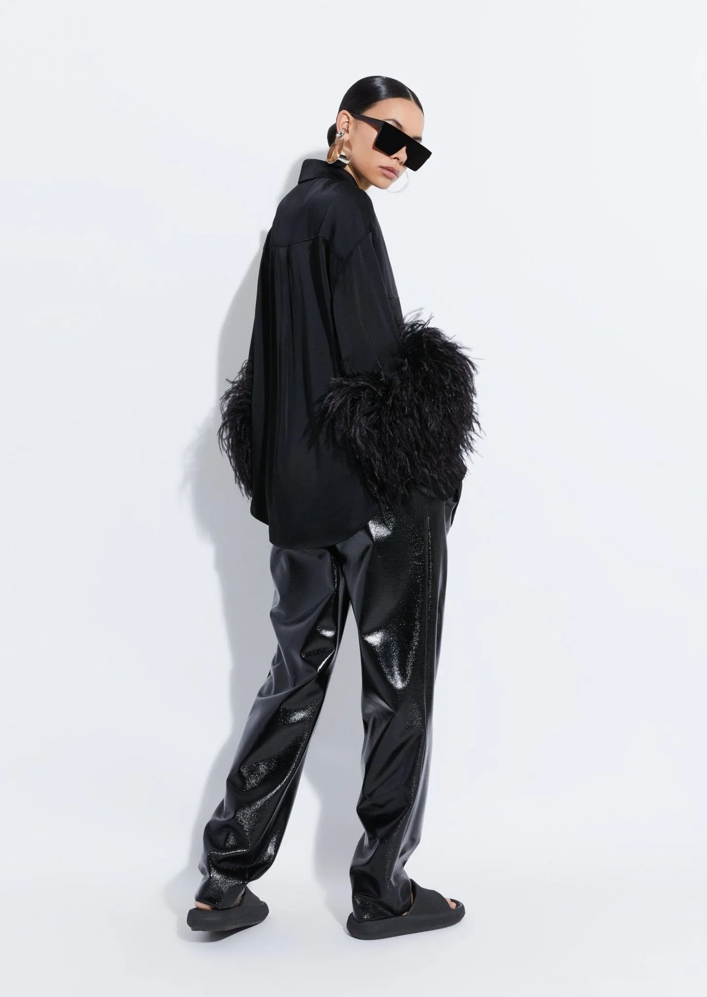 Satin Button Down With Feathers