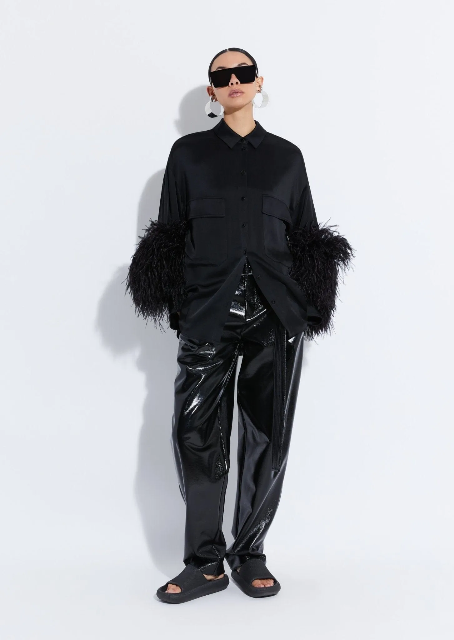 Satin Button Down With Feathers