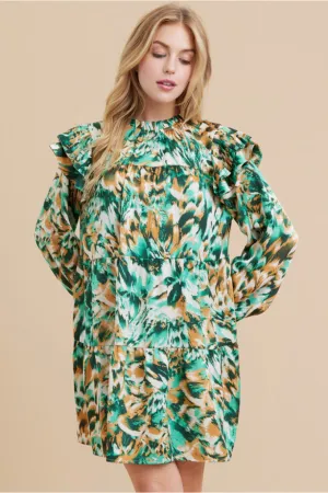 Satin Multicolor Print Tiered Dress W/Frill Mock Neckline