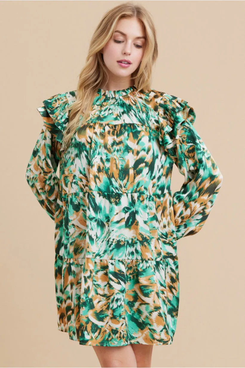 Satin Multicolor Print Tiered Dress W/Frill Mock Neckline