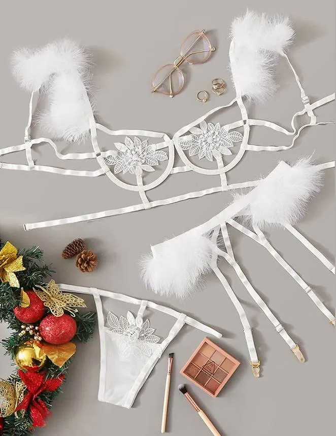 Sexy 3pcs Embroidery Applique Feather Bra Panty Set With Underwire Egypt