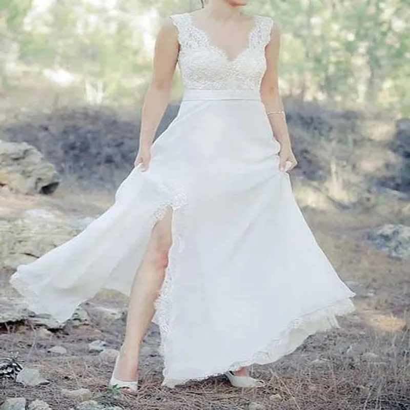 Sexy V-Neck Sweep Train Chiffon Long Cheap Beach Wedding Dress with Lace, TYP0997