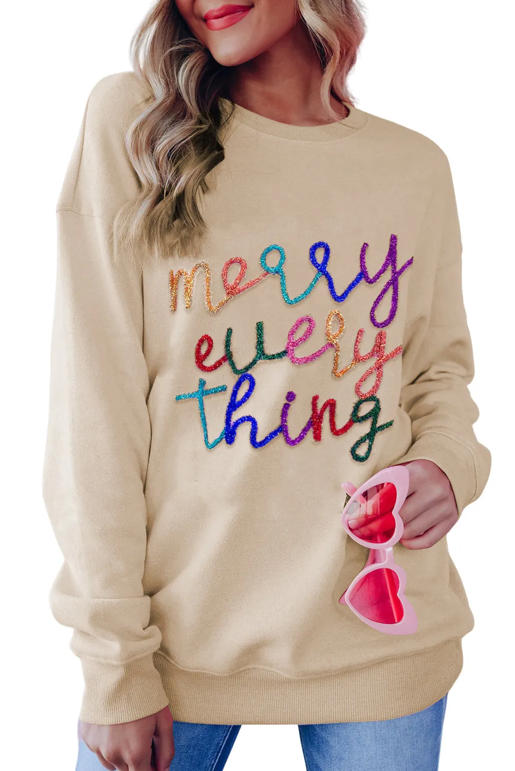 Shallow khaki Merry Every Thing Glitter Script Sweatshirt