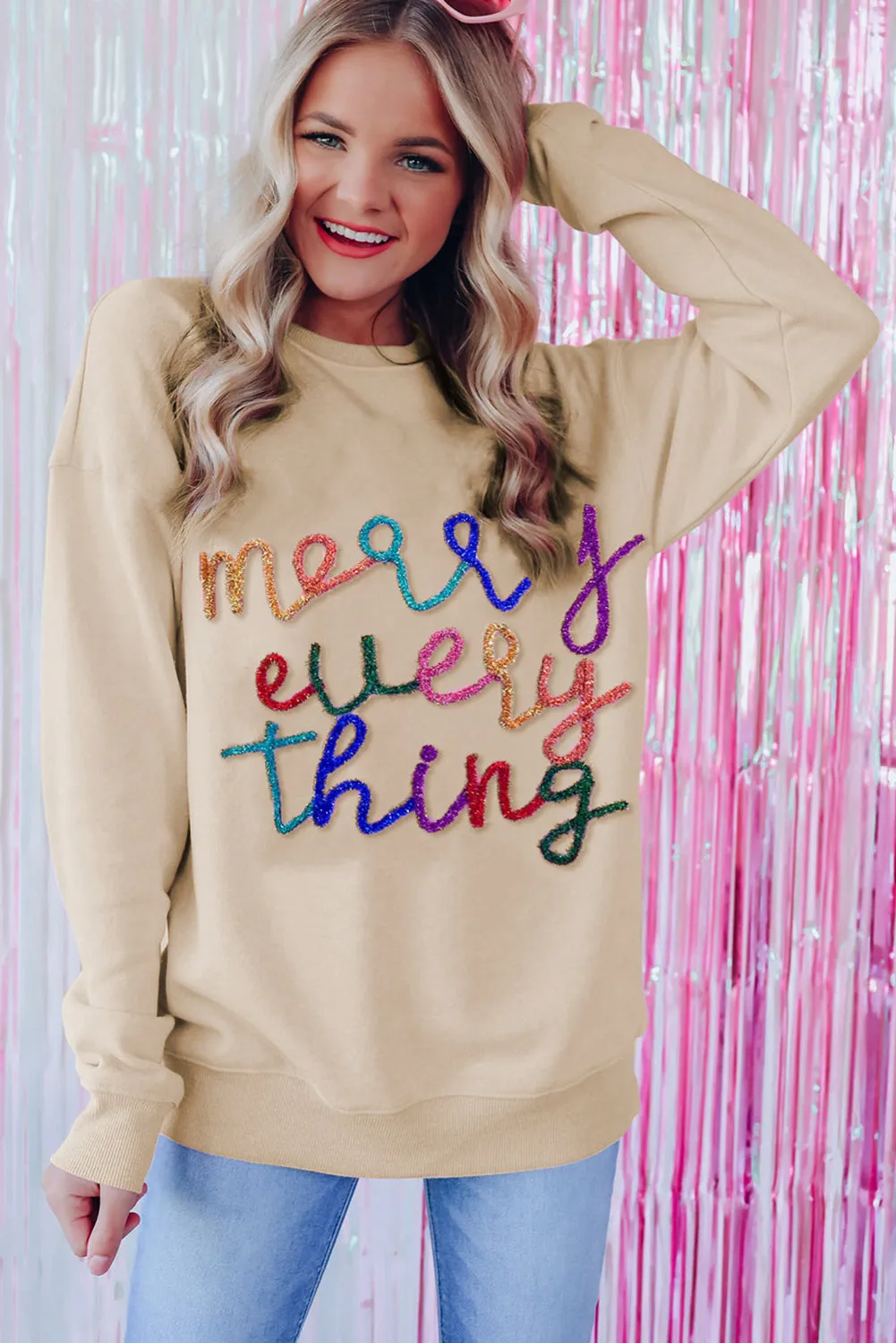 Shallow khaki Merry Every Thing Glitter Script Sweatshirt