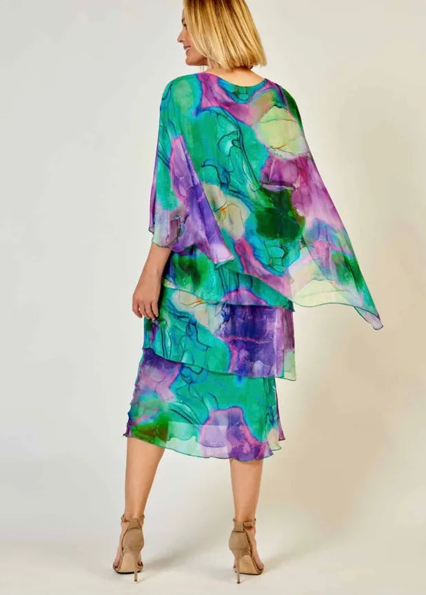 Silk Blend Multi Layer Dress In Green/Purple By La Strada