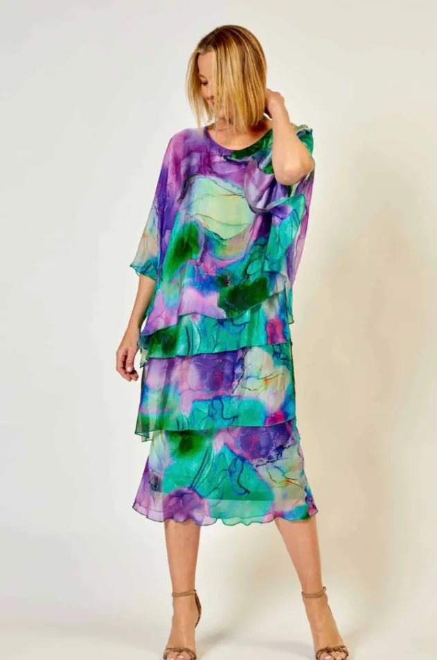 Silk Blend Multi Layer Dress In Green/Purple By La Strada