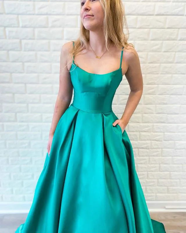 Simple Turquoise Satin Prom Dresses with Spaghetti Straps Long Prom Party Gowns 2019