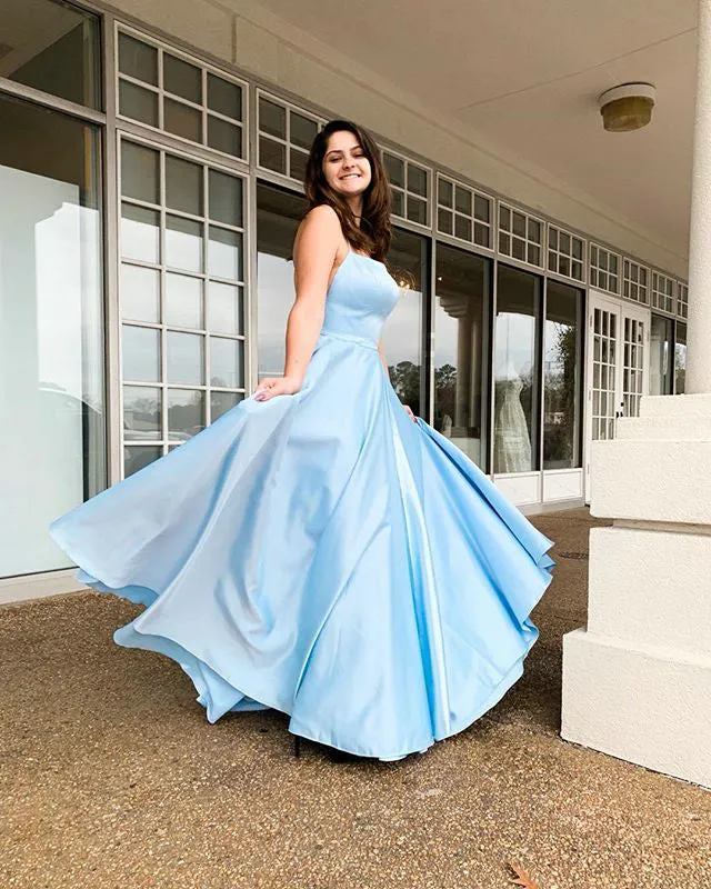 Simple Turquoise Satin Prom Dresses with Spaghetti Straps Long Prom Party Gowns 2019