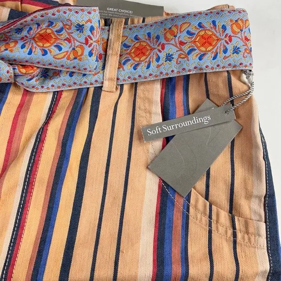 Soft Surroundings Womens Summer Breeze Shorts Orange Stripe Stretch Belted M New