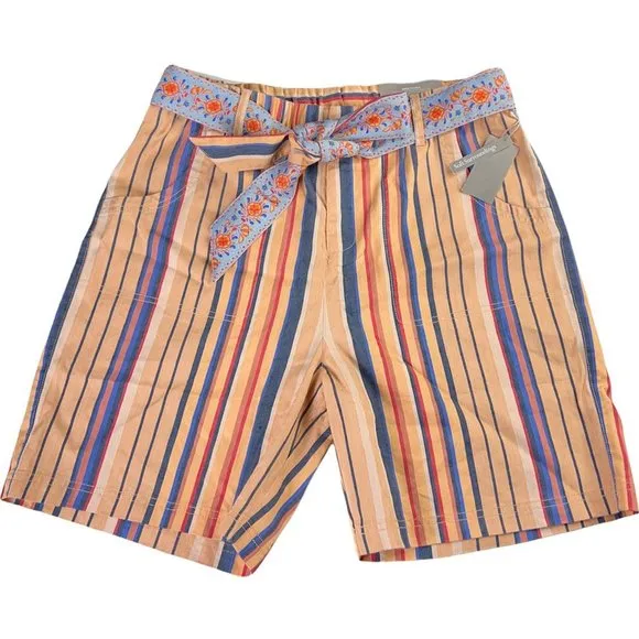 Soft Surroundings Womens Summer Breeze Shorts Orange Stripe Stretch Belted M New