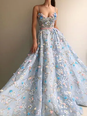 Spaghetti Strap 3D Flower Applique Ball Gowns Sky Blue Prom Dresses, QB0257