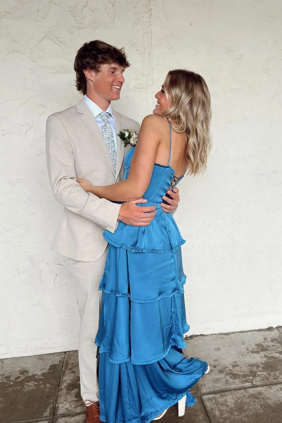 Spaghetti Straps Blue Soft Satin Layered Long Formal Dress