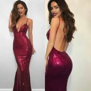 Spaghetti V-neck Backless Sequin Long Mermaid Prom Dresses, BG0334