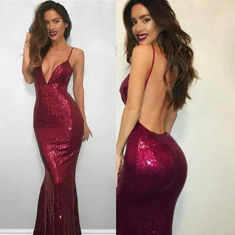 Spaghetti V-neck Backless Sequin Long Mermaid Prom Dresses, BG0334