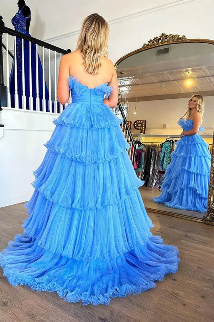 Strapless Layered Blue Long Prom Dresses, Open Back Blue Formal Evening Dresses, Blue Ball Gown
