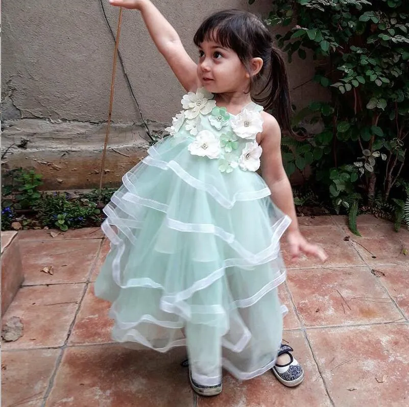 Straps Long Mint Green Long Cheap Cute Flower Girl Dress with Flowers, TYP1009