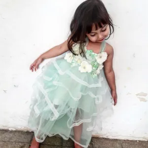 Straps Long Mint Green Long Cheap Cute Flower Girl Dress with Flowers, TYP1009