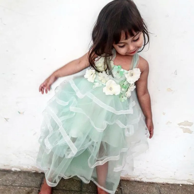 Straps Long Mint Green Long Cheap Cute Flower Girl Dress with Flowers, TYP1009