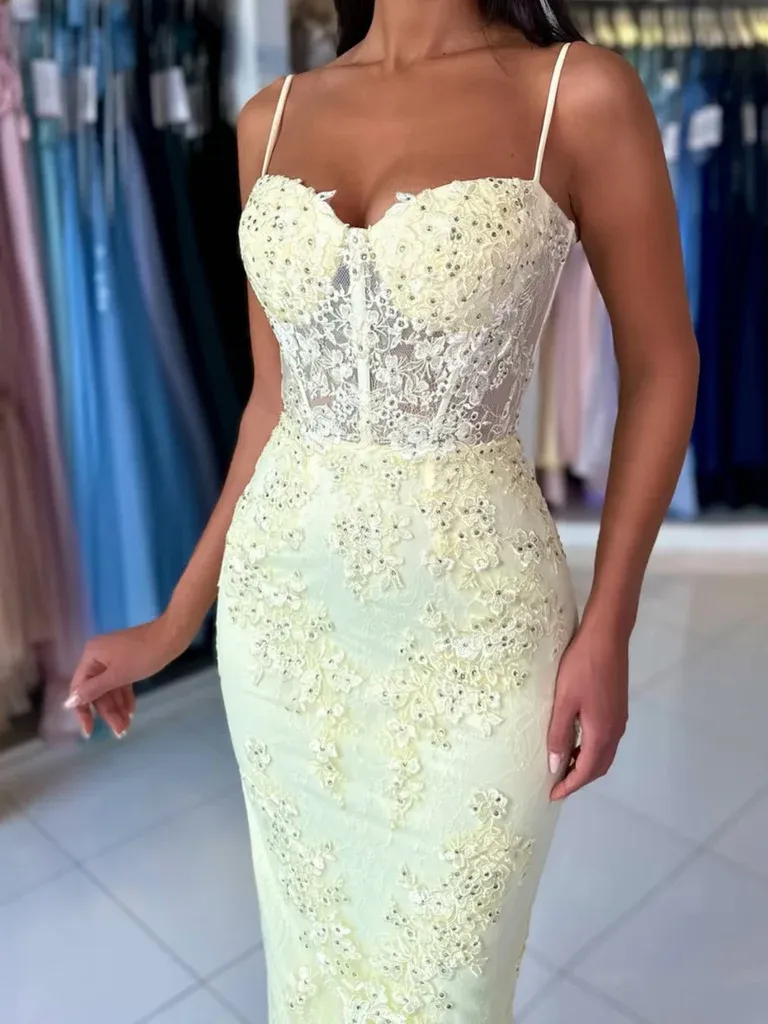 Sweetheart Neck Yellow Mermaid Lace Prom Dresses, Sweetheart Neck Mermaid Lace Yellow Formal Evening Dresses