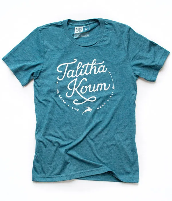 Talitha Koum – Teal   White Print