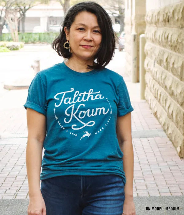 Talitha Koum – Teal   White Print