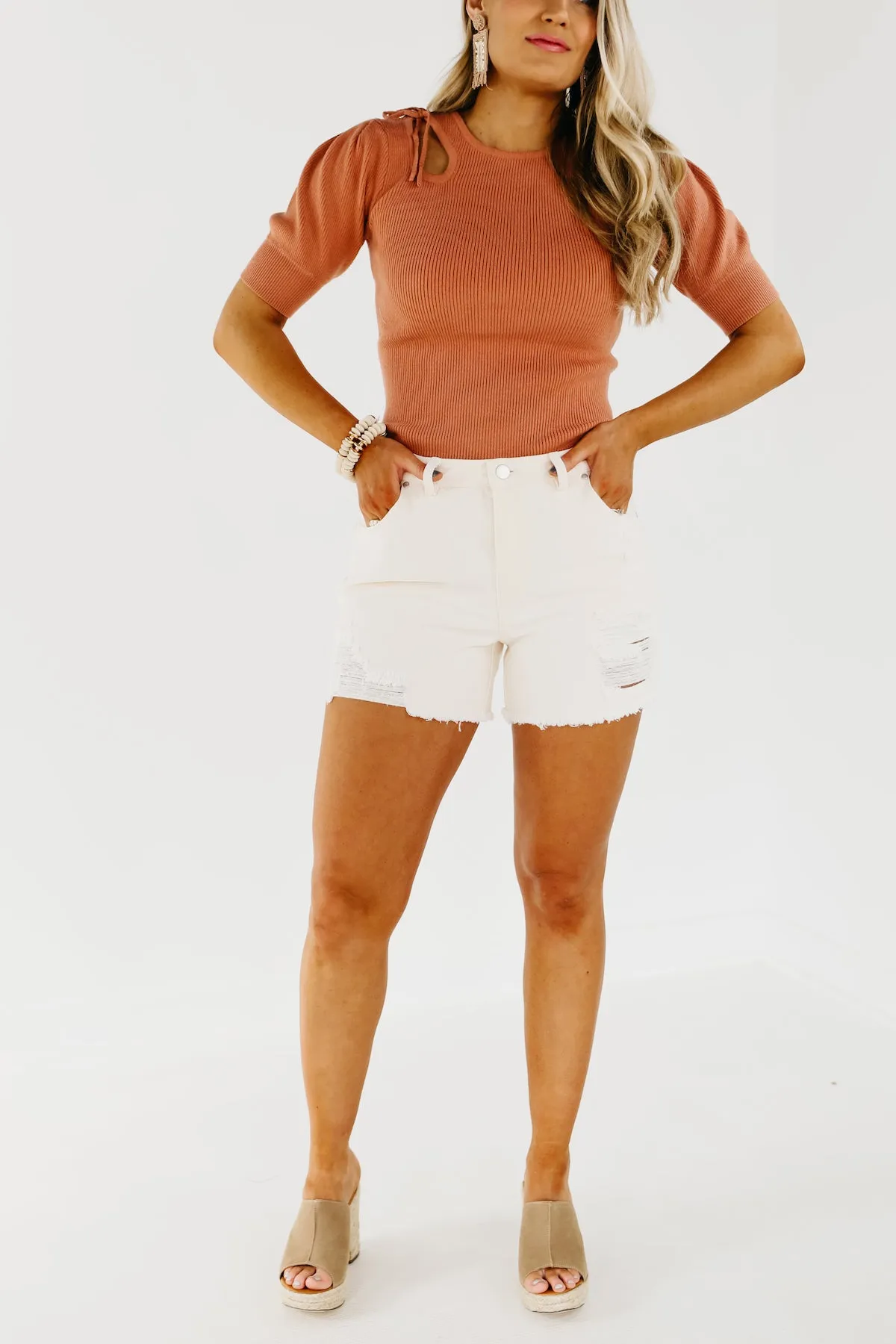 The Remi Distressed Cream Shorts - FINAL SALE
