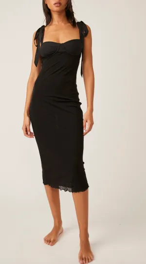 Tie Strap Mesh Lettuce Hem Trim Midi Dress