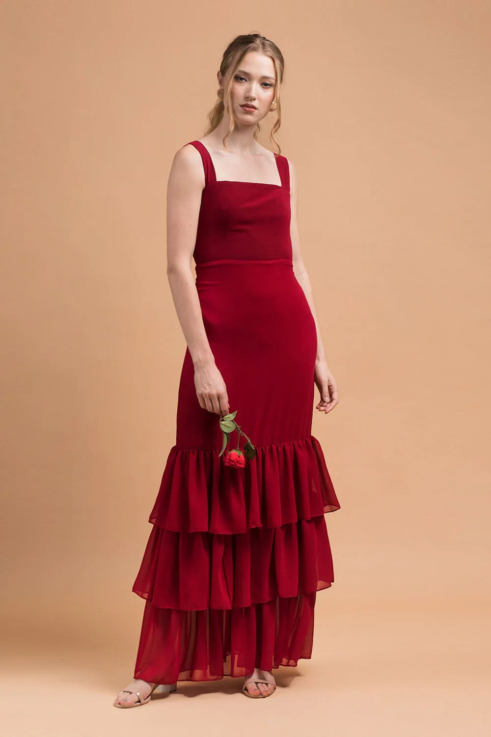 TIJUANA Layered Ruffle Maxi Dress with Thick Straps (Maroon Chiffon)