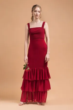 TIJUANA Layered Ruffle Maxi Dress with Thick Straps (Maroon Chiffon)