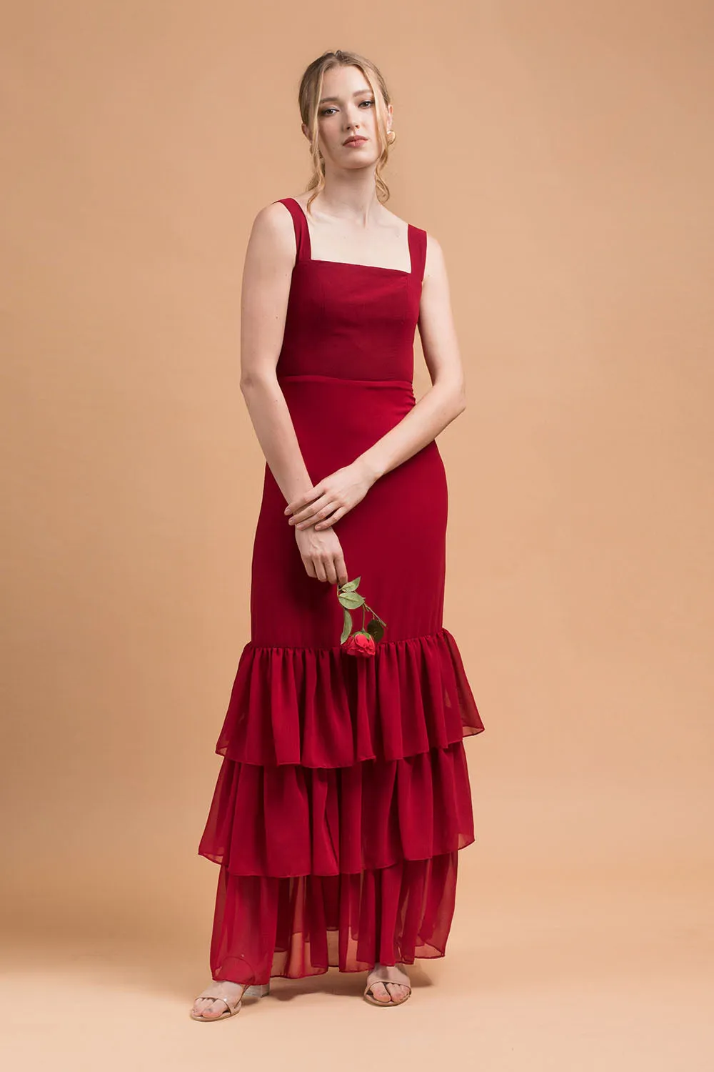TIJUANA Layered Ruffle Maxi Dress with Thick Straps (Maroon Chiffon)