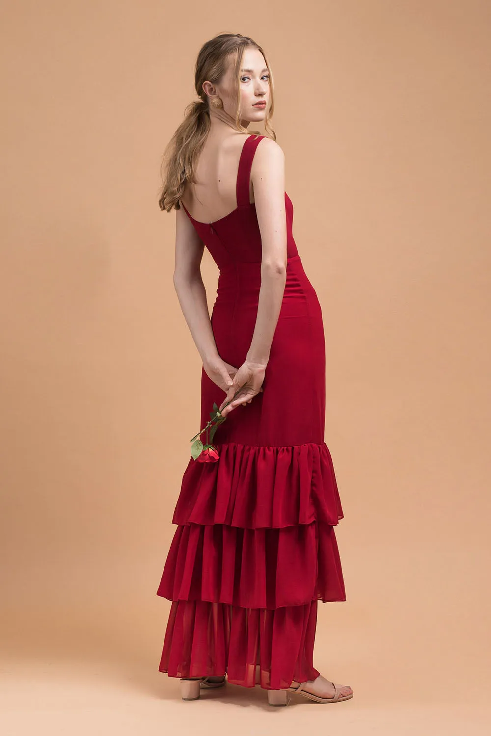 TIJUANA Layered Ruffle Maxi Dress with Thick Straps (Maroon Chiffon)