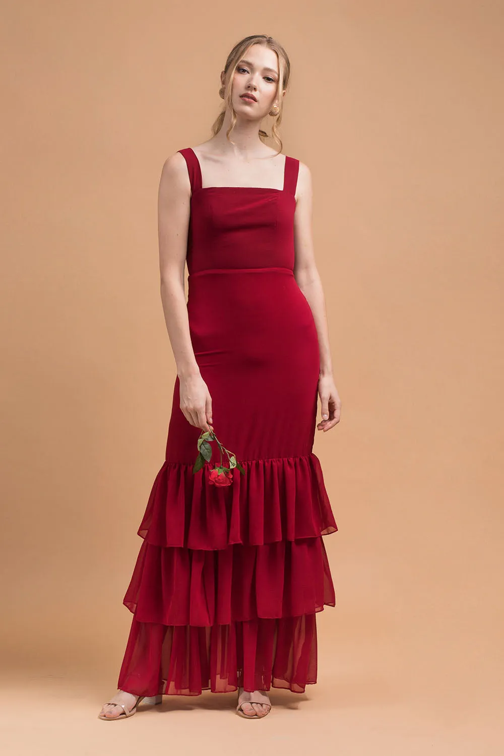 TIJUANA Layered Ruffle Maxi Dress with Thick Straps (Maroon Chiffon)