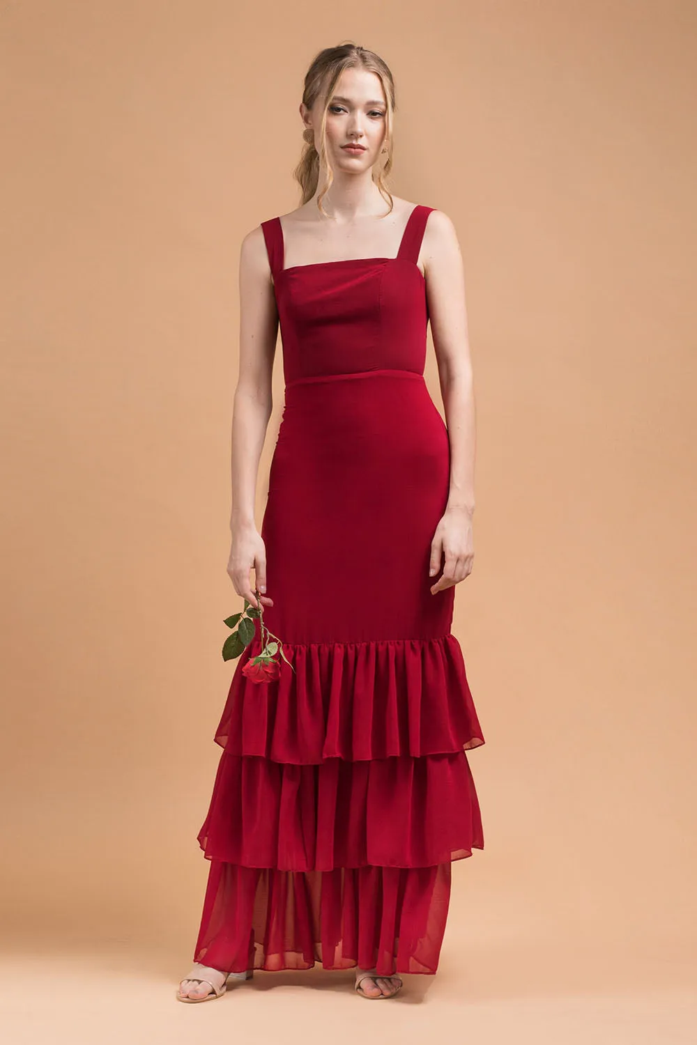 TIJUANA Layered Ruffle Maxi Dress with Thick Straps (Maroon Chiffon)