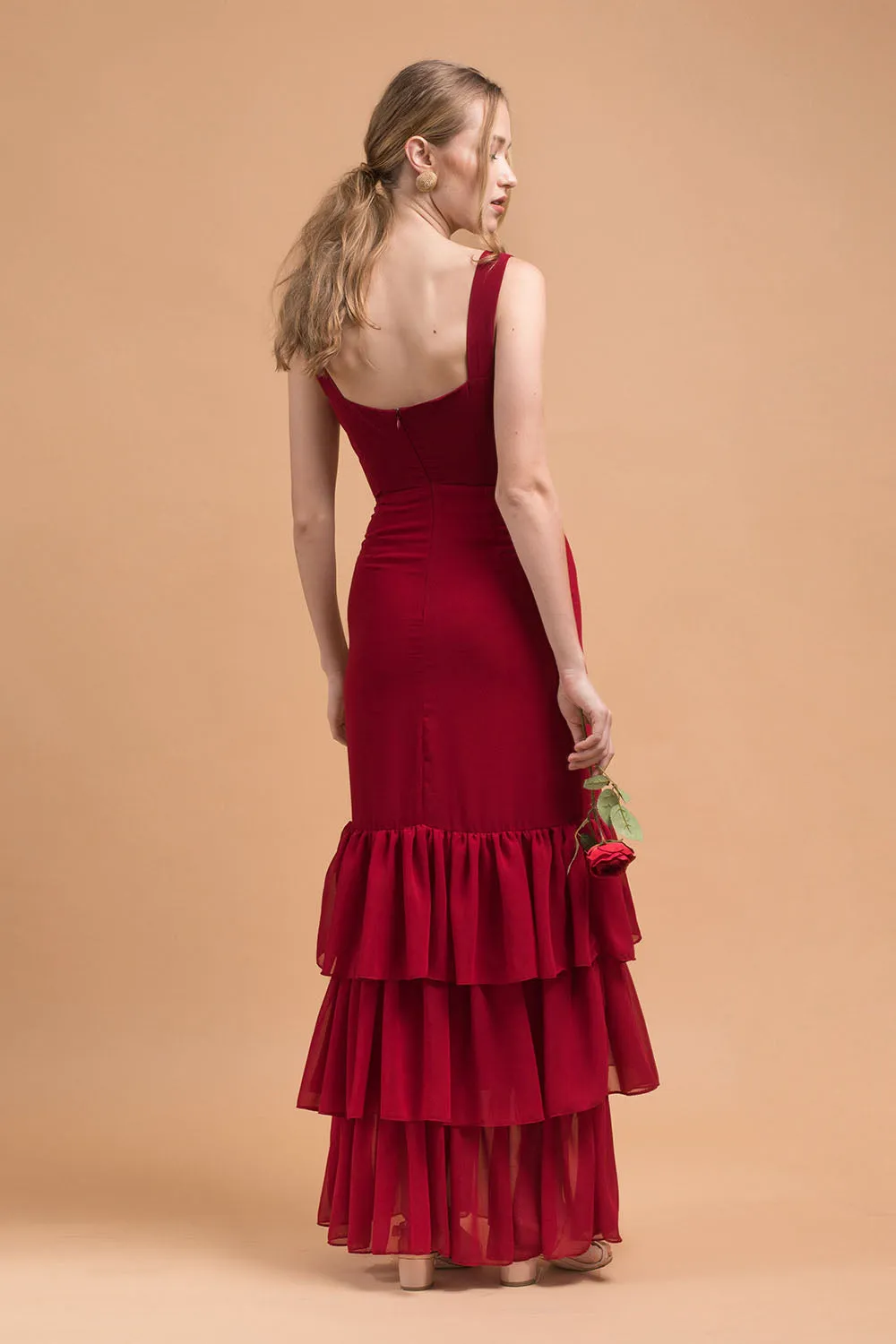 TIJUANA Layered Ruffle Maxi Dress with Thick Straps (Maroon Chiffon)
