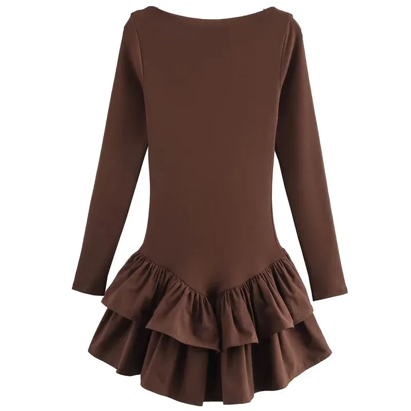 TRAF 2025 Womens Dresses Layered Short Dresses Burgundy Brown Black Dress Ruffled Bodycon Long Sleeve Dresses Red Party Dresses