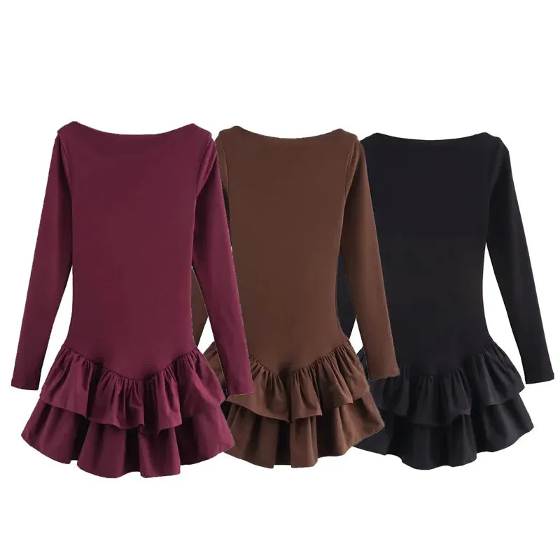 TRAF 2025 Womens Dresses Layered Short Dresses Burgundy Brown Black Dress Ruffled Bodycon Long Sleeve Dresses Red Party Dresses
