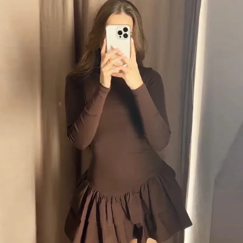 TRAF 2025 Womens Dresses Layered Short Dresses Burgundy Brown Black Dress Ruffled Bodycon Long Sleeve Dresses Red Party Dresses