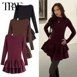 TRAF 2025 Womens Dresses Layered Short Dresses Burgundy Brown Black Dress Ruffled Bodycon Long Sleeve Dresses Red Party Dresses