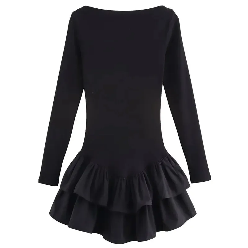 TRAF 2025 Womens Dresses Layered Short Dresses Burgundy Brown Black Dress Ruffled Bodycon Long Sleeve Dresses Red Party Dresses