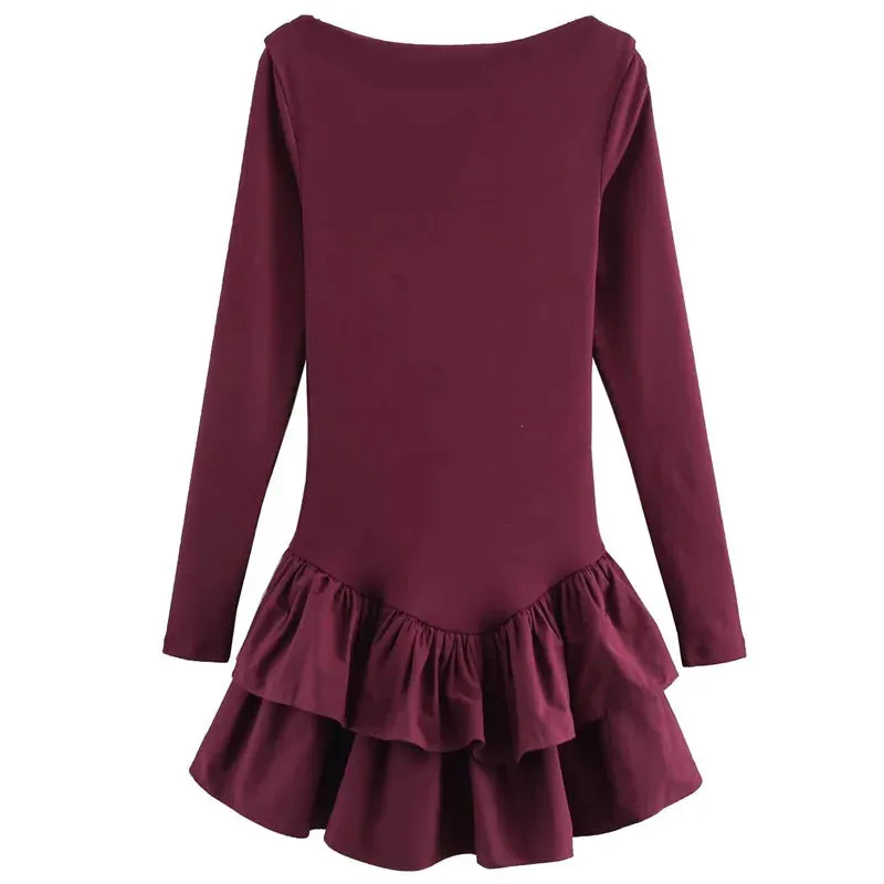 TRAF 2025 Womens Dresses Layered Short Dresses Burgundy Brown Black Dress Ruffled Bodycon Long Sleeve Dresses Red Party Dresses